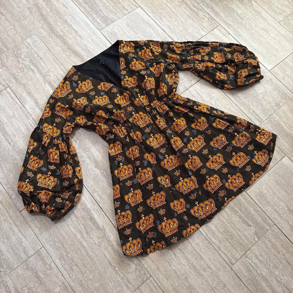 Ray Darten African Print Crown Black Orange Puff sleeve V neck Dress Plus Sz 4X